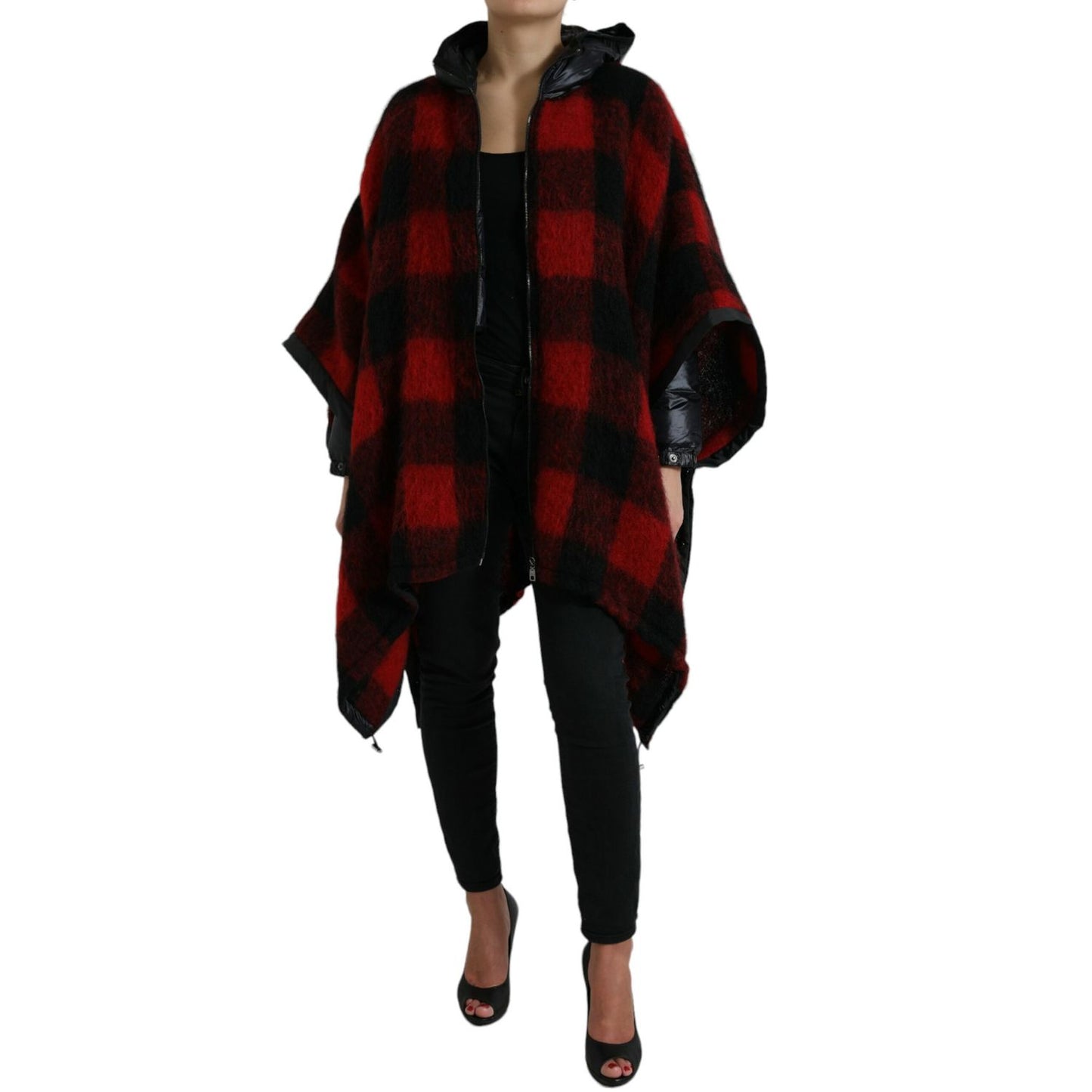 Dolce & Gabbana Black Red Buffalo Check Hooded Poncho Jacket 1728,67345645728,Black and Red,Cloaks - Jackets & Coats - Clothing,Clothing,Dolce & Gabbana,IT40|S,Jackets & Coats - Clothing,Jackets & Coats - Women - Clothing,Material: 30% Polyester Film Fibe