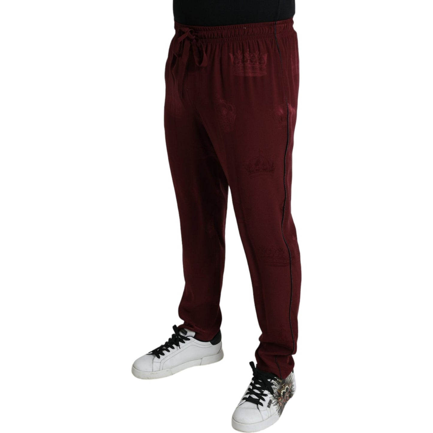 Dolce & Gabbana Elegant Maroon Silk Pajama Pants with Crown Motif Dolce & Gabbana