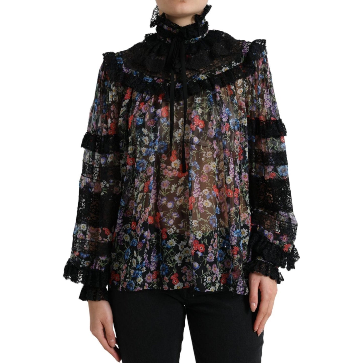 Dolce & Gabbana Elegant Floral Silk Blouse with Lace Trim Dolce & Gabbana