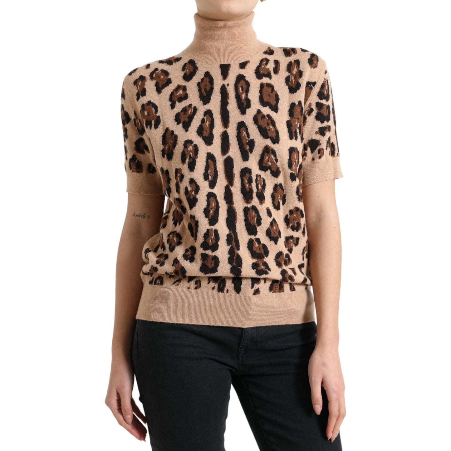 Dolce & Gabbana Elegant Beige Leopard Turtleneck Wool Top Dolce & Gabbana