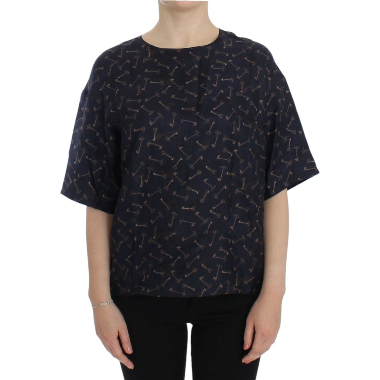 Dolce & Gabbana Blue gold key print silk blouse 1728,67345645728,Blue,Clothing,Dolce & Gabbana,IT42|M,Material: 100% Silk,New with tags,T-Shirts - Clothing,T-Shirts - T-Shirts - Clothing,Tops & T-Shirts - Women - Clothing,Women,Women - Clothing