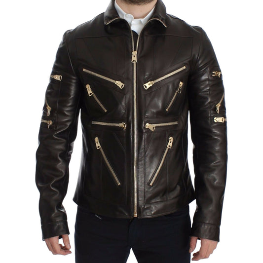 Dolce & Gabbana Brown Lambskin Leather Zipper Jacket 1728,67345645728,Biker Jackets - Jackets & Coats - Clothing,Brown,Clothing,Dolce & Gabbana,IT48 | M,Jackets & Coats - Clothing,Jackets - Men - Clothing,Leather Jackets - Jackets & Coats - Clothing,Mater