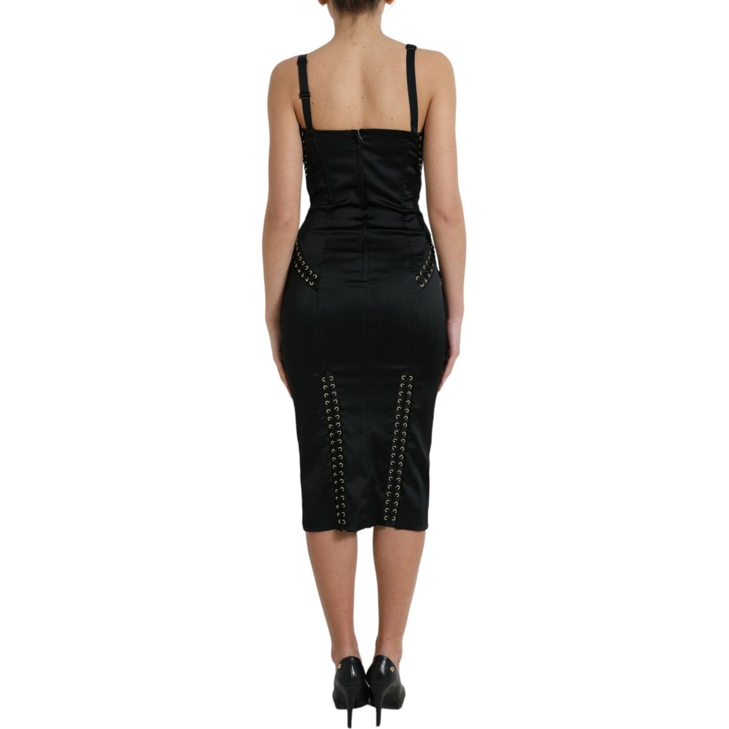 Dolce & Gabbana Elegant Black Lace-Up Midi Bodycon Dress Dolce & Gabbana