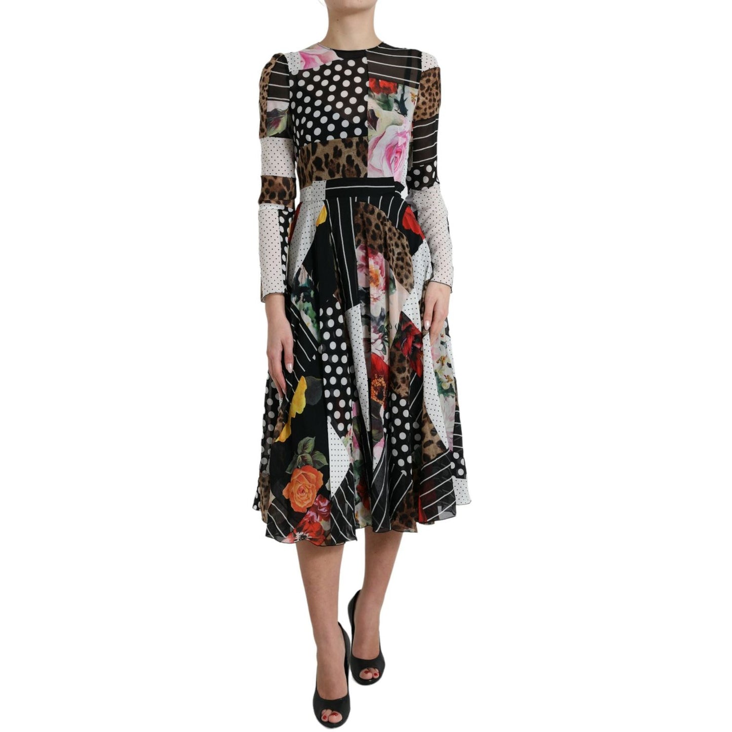 Dolce & Gabbana Multicolor Patchwork Floral Leopard Dress 1728,67345645728,Clothing,Dolce & Gabbana,Dresses - Clothing,Dresses - Women - Clothing,IT36|XXS,Longsleeve - Dresses - Clothing,Midi - Dresses - Clothing,Multicolor,New with tags,Women,Women - Clo