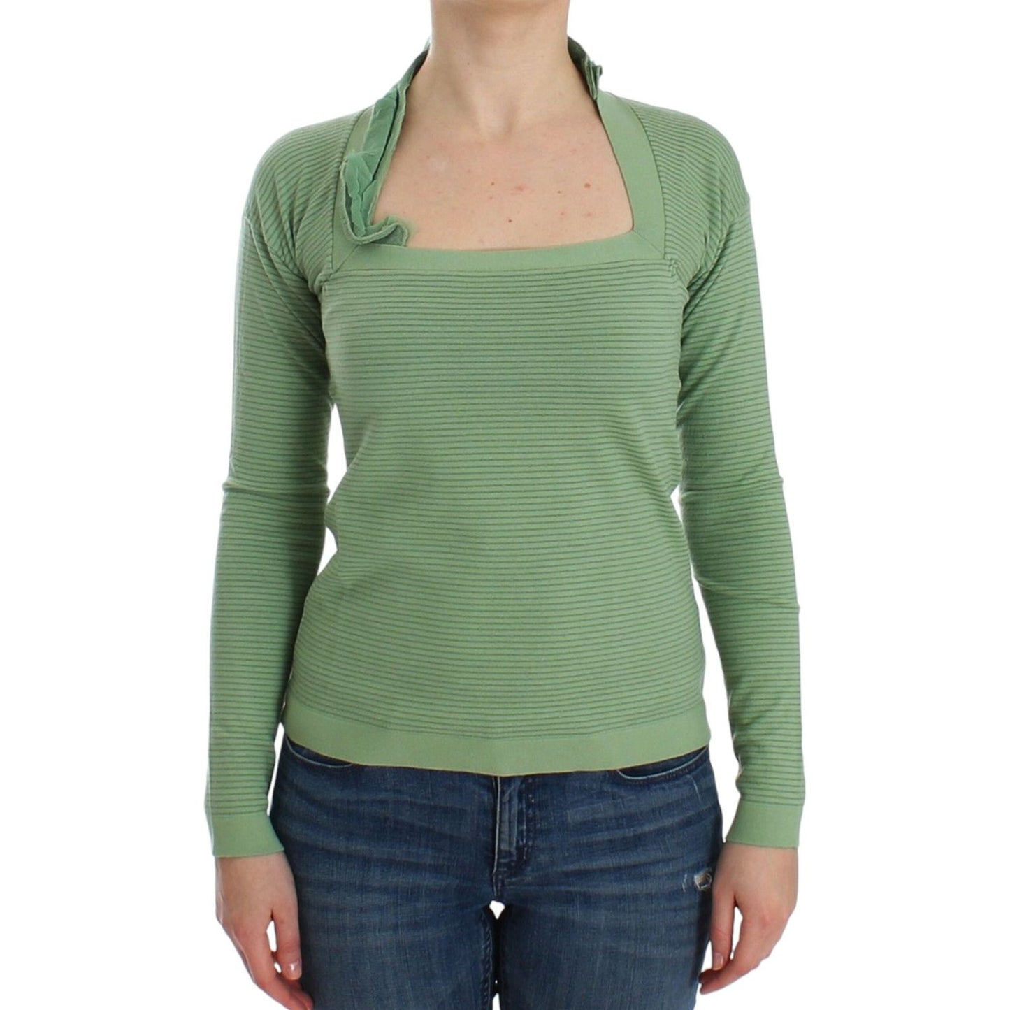 Ermanno Scervino Green Wool Blend Striped Long Sleeve Sweater (Final 100% Silk),1728,29% Viscose,33% Wool,67345645728,Clothing,Ermanno Scervino,Green,IT42 | S,IT44 | M,IT46 | L,Material: 38% Nylon,New with tags,Sweaters - Clothing,Sweaters - Women - Cloth