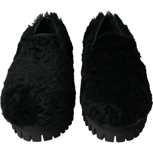 Dolce & Gabbana Elegant Black Fur Slip On Loafers for Men Dolce & Gabbana