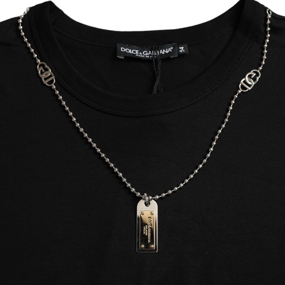 Dolce & Gabbana Elegant Black Cotton Crewneck Tee with Dog Tag Detail Dolce & Gabbana