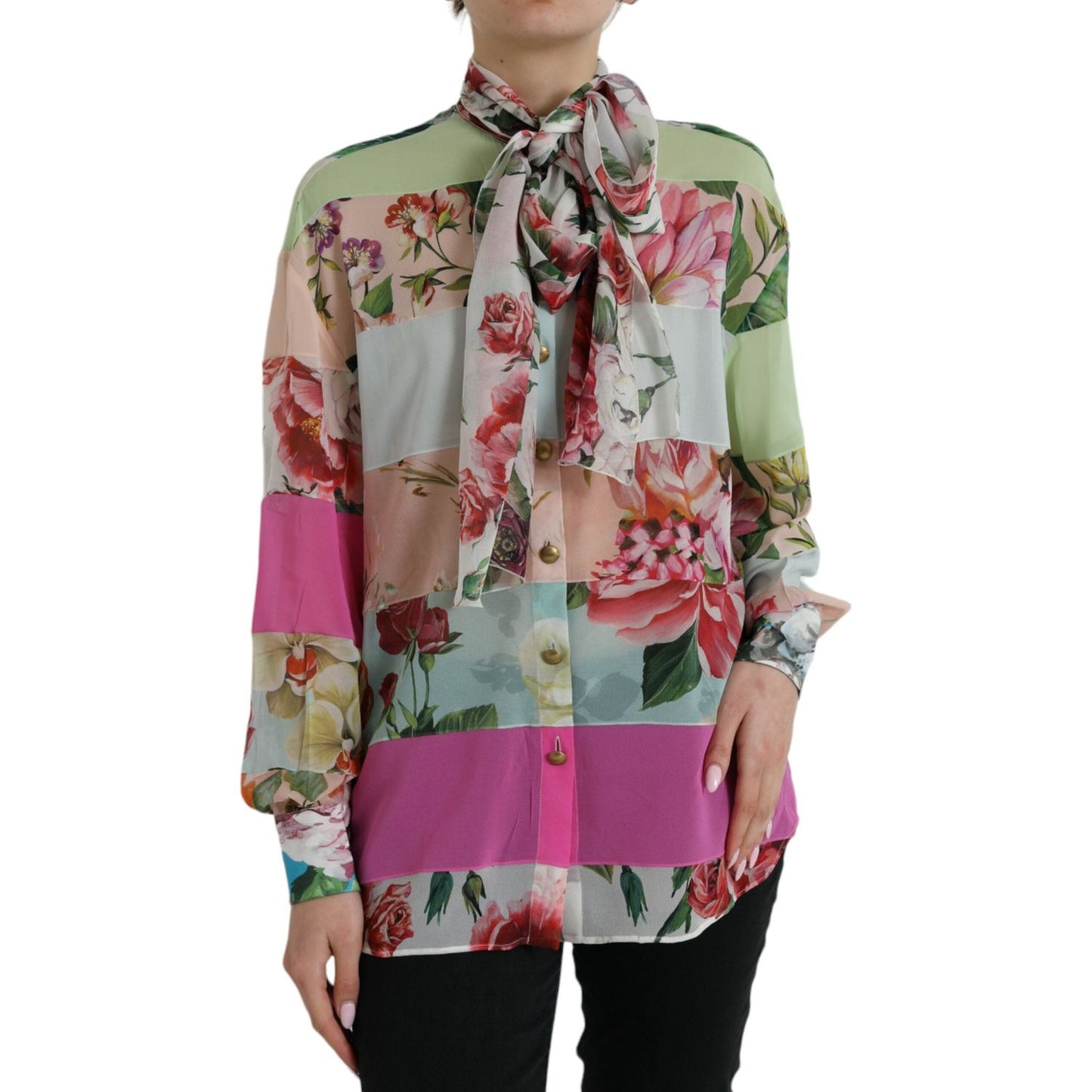 Dolce & Gabbana Multicolor Floral Patchwork Ascot Collar Top 1728,67345645728,Clothing,Dolce & Gabbana,IT40|S,Long Sleeve - T-Shirts - Clothing,Material: 92% Silk 8% Elastane,Multicolor,New with tags,T-Shirts - Clothing,Tops & T-Shirts - Women - Clothing,
