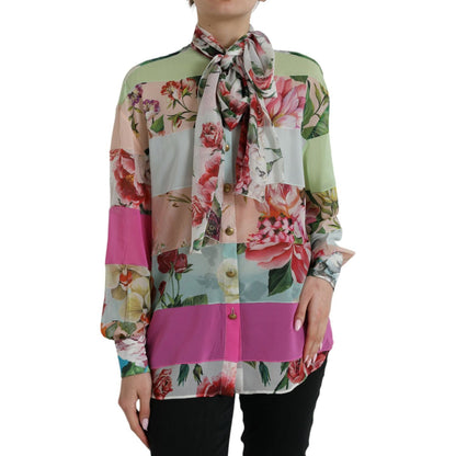 Dolce & Gabbana Multicolor Floral Patchwork Ascot Collar Top 1728,67345645728,Clothing,Dolce & Gabbana,IT40|S,Long Sleeve - T-Shirts - Clothing,Material: 92% Silk 8% Elastane,Multicolor,New with tags,T-Shirts - Clothing,Tops & T-Shirts - Women - Clothing,