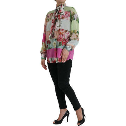 Dolce & Gabbana Multicolor Floral Patchwork Ascot Collar Top 1728,67345645728,Clothing,Dolce & Gabbana,IT40|S,Long Sleeve - T-Shirts - Clothing,Material: 92% Silk 8% Elastane,Multicolor,New with tags,T-Shirts - Clothing,Tops & T-Shirts - Women - Clothing,