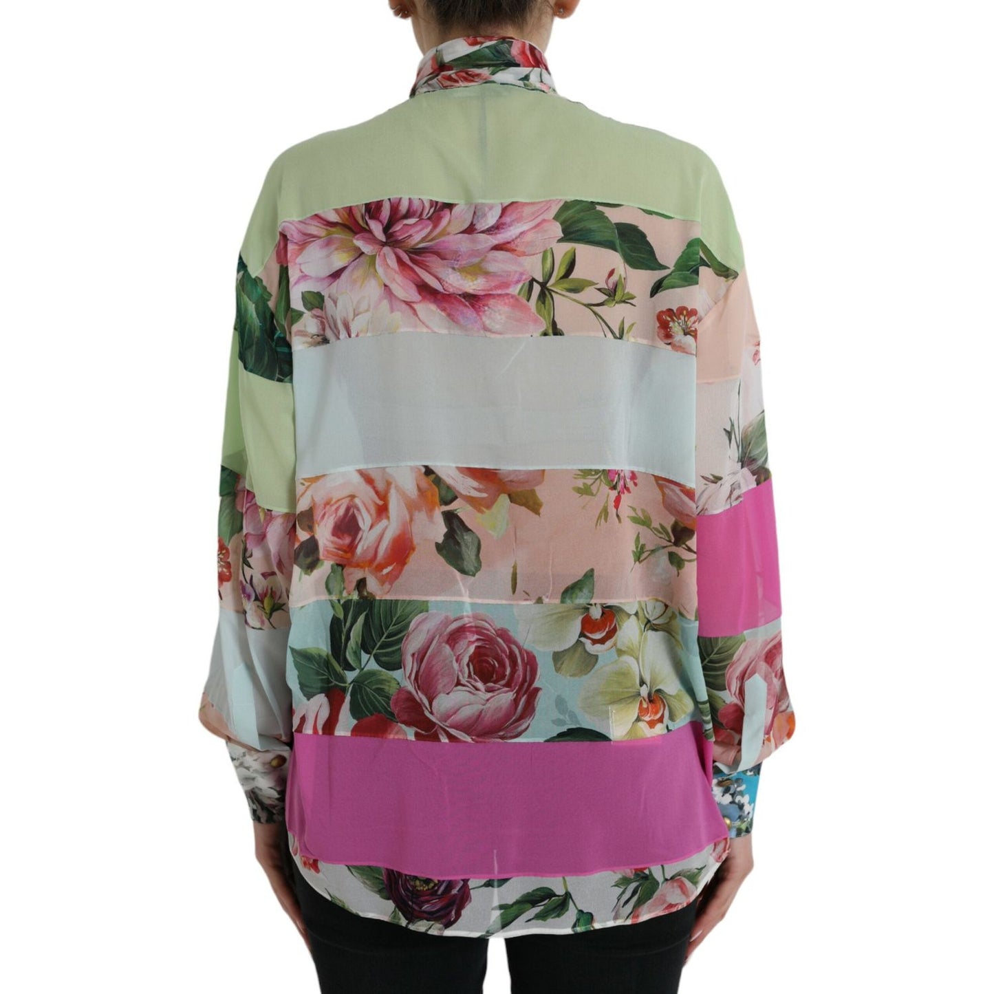 Dolce & Gabbana Multicolor Floral Patchwork Ascot Collar Top 1728,67345645728,Clothing,Dolce & Gabbana,IT40|S,Long Sleeve - T-Shirts - Clothing,Material: 92% Silk 8% Elastane,Multicolor,New with tags,T-Shirts - Clothing,Tops & T-Shirts - Women - Clothing,
