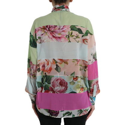 Dolce & Gabbana Multicolor Floral Patchwork Ascot Collar Top 1728,67345645728,Clothing,Dolce & Gabbana,IT40|S,Long Sleeve - T-Shirts - Clothing,Material: 92% Silk 8% Elastane,Multicolor,New with tags,T-Shirts - Clothing,Tops & T-Shirts - Women - Clothing,