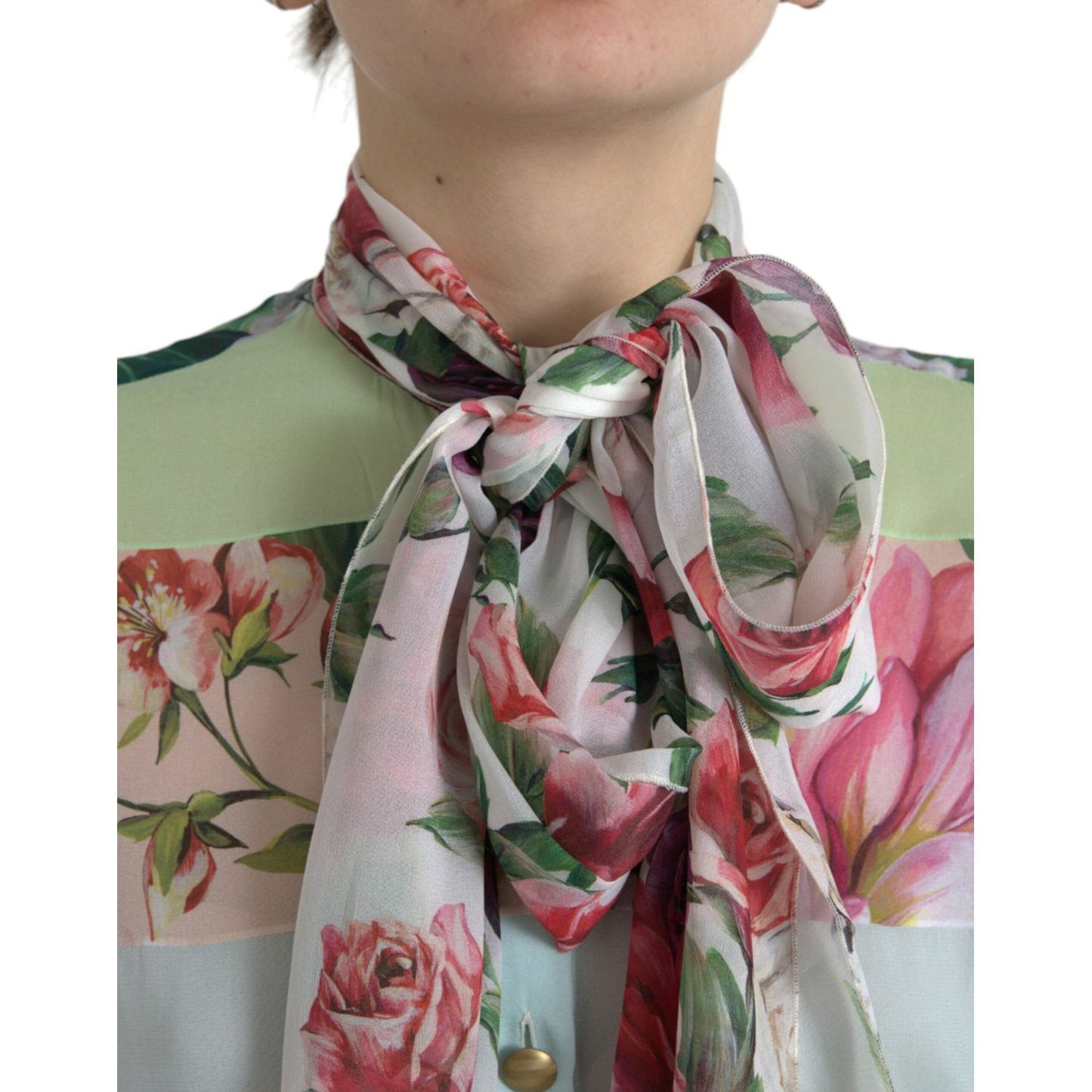 Dolce & Gabbana Multicolor Floral Patchwork Ascot Collar Top 1728,67345645728,Clothing,Dolce & Gabbana,IT40|S,Long Sleeve - T-Shirts - Clothing,Material: 92% Silk 8% Elastane,Multicolor,New with tags,T-Shirts - Clothing,Tops & T-Shirts - Women - Clothing,