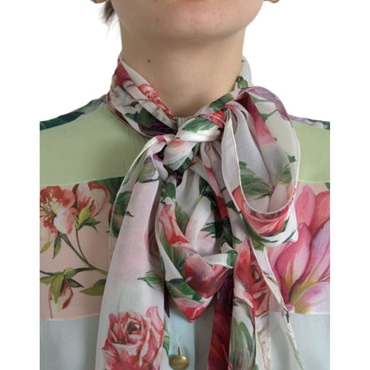 Dolce & Gabbana Multicolor Floral Patchwork Ascot Collar Top 1728,67345645728,Clothing,Dolce & Gabbana,IT40|S,Long Sleeve - T-Shirts - Clothing,Material: 92% Silk 8% Elastane,Multicolor,New with tags,T-Shirts - Clothing,Tops & T-Shirts - Women - Clothing,
