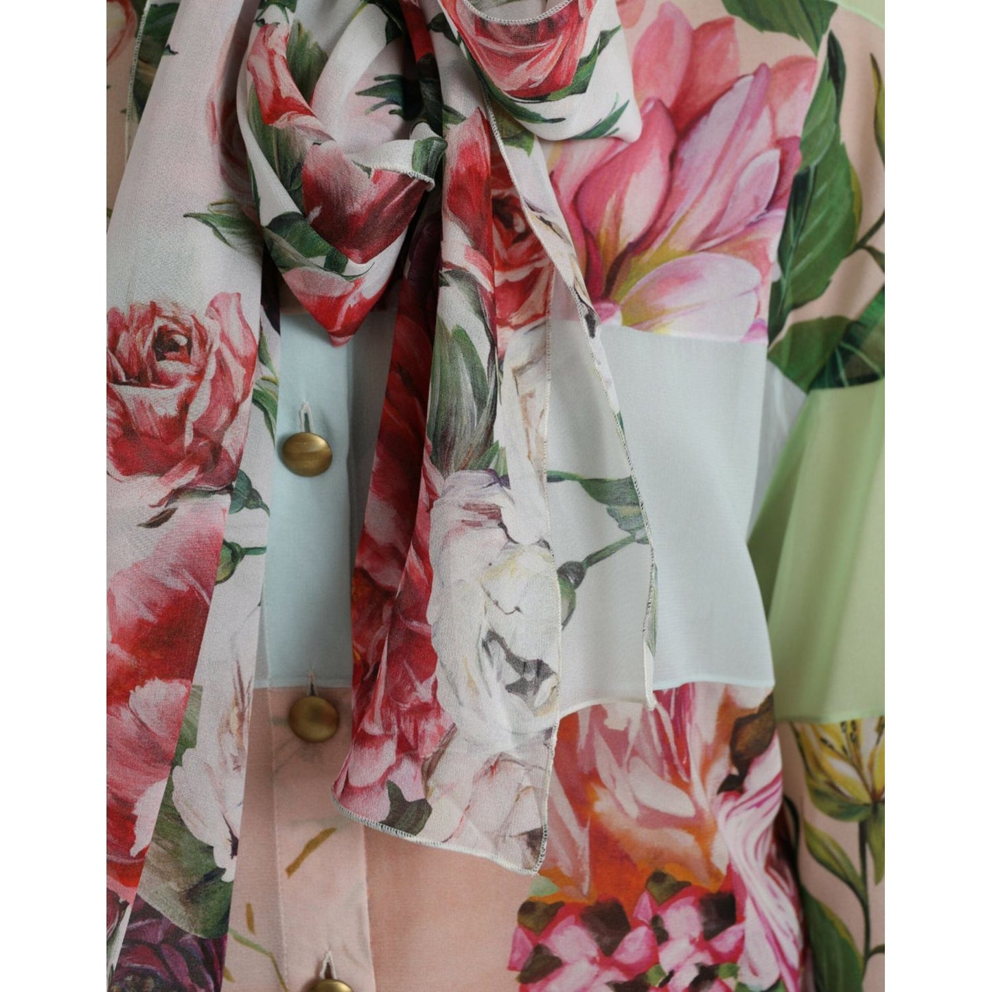 Dolce & Gabbana Multicolor Floral Patchwork Ascot Collar Top 1728,67345645728,Clothing,Dolce & Gabbana,IT40|S,Long Sleeve - T-Shirts - Clothing,Material: 92% Silk 8% Elastane,Multicolor,New with tags,T-Shirts - Clothing,Tops & T-Shirts - Women - Clothing,
