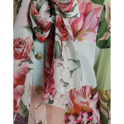 Dolce & Gabbana Multicolor Floral Patchwork Ascot Collar Top 1728,67345645728,Clothing,Dolce & Gabbana,IT40|S,Long Sleeve - T-Shirts - Clothing,Material: 92% Silk 8% Elastane,Multicolor,New with tags,T-Shirts - Clothing,Tops & T-Shirts - Women - Clothing,