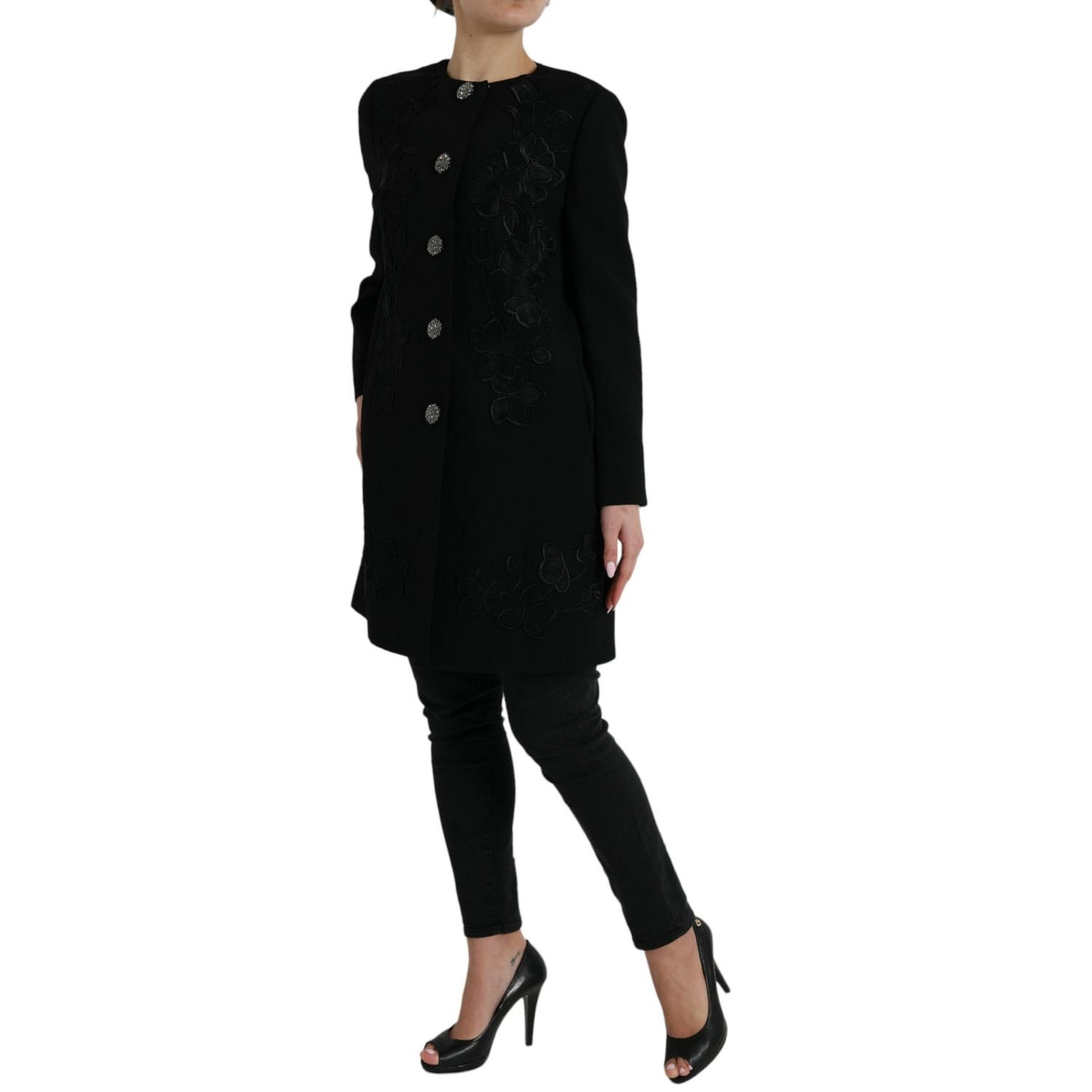 Dolce & Gabbana Black Floral Wool Button Embellished Jacket 1728,67345645728,Black,Clothing,Dolce & Gabbana,IT38 | XS,Jackets & Coats - Clothing,Jackets & Coats - Women - Clothing,Material: 99% Virgin Wool 1% Elastane,New with tags,Trench Coats - Jackets