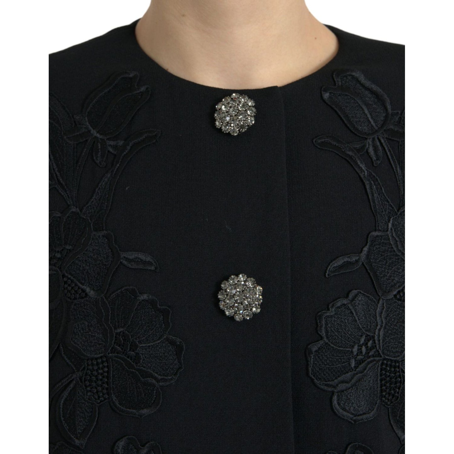 Dolce & Gabbana Black Floral Wool Button Embellished Jacket 1728,67345645728,Black,Clothing,Dolce & Gabbana,IT38 | XS,Jackets & Coats - Clothing,Jackets & Coats - Women - Clothing,Material: 99% Virgin Wool 1% Elastane,New with tags,Trench Coats - Jackets