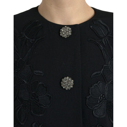 Dolce & Gabbana Black Floral Wool Button Embellished Jacket 1728,67345645728,Black,Clothing,Dolce & Gabbana,IT38 | XS,Jackets & Coats - Clothing,Jackets & Coats - Women - Clothing,Material: 99% Virgin Wool 1% Elastane,New with tags,Trench Coats - Jackets