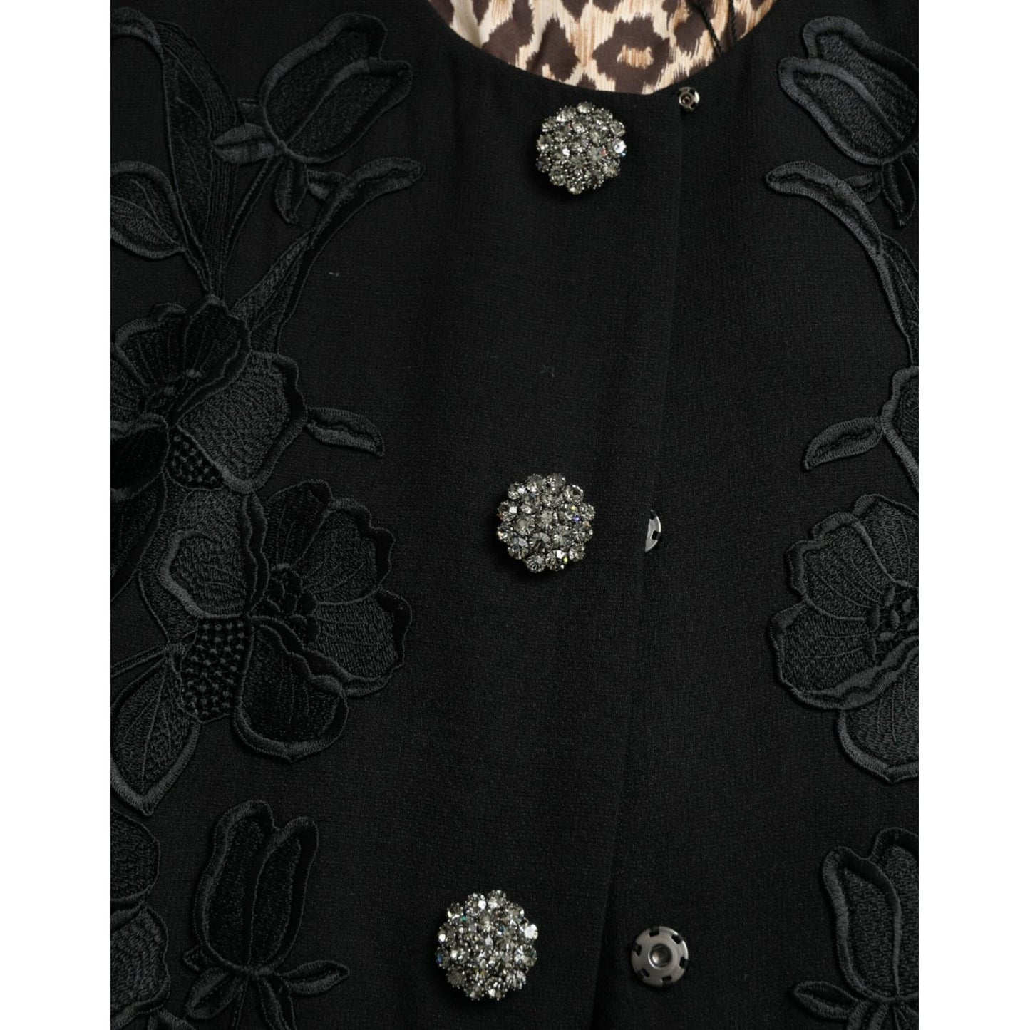 Dolce & Gabbana Black Floral Wool Button Embellished Jacket 1728,67345645728,Black,Clothing,Dolce & Gabbana,IT38 | XS,Jackets & Coats - Clothing,Jackets & Coats - Women - Clothing,Material: 99% Virgin Wool 1% Elastane,New with tags,Trench Coats - Jackets