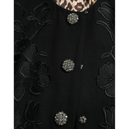 Dolce & Gabbana Black Floral Wool Button Embellished Jacket 1728,67345645728,Black,Clothing,Dolce & Gabbana,IT38 | XS,Jackets & Coats - Clothing,Jackets & Coats - Women - Clothing,Material: 99% Virgin Wool 1% Elastane,New with tags,Trench Coats - Jackets