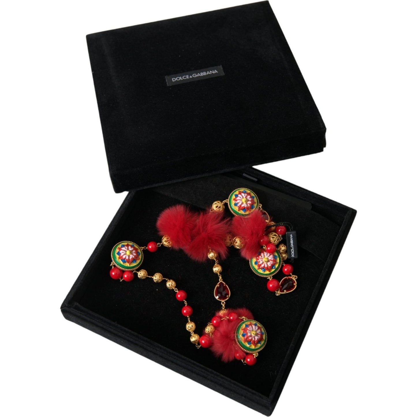 Dolce & Gabbana Gold Brass Red Fur Crystal Carretto Chain Necklace Dolce & Gabbana