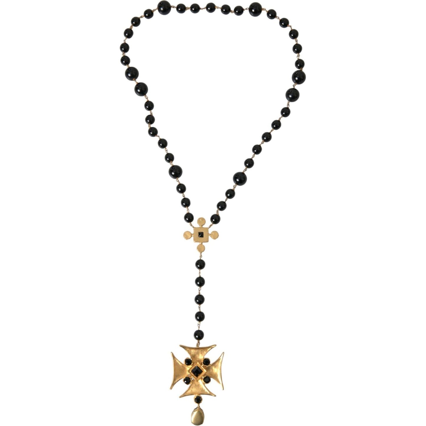 Dolce & Gabbana Gold Tone Brass Cross Black Beaded Chain Rosary Necklace Dolce & Gabbana