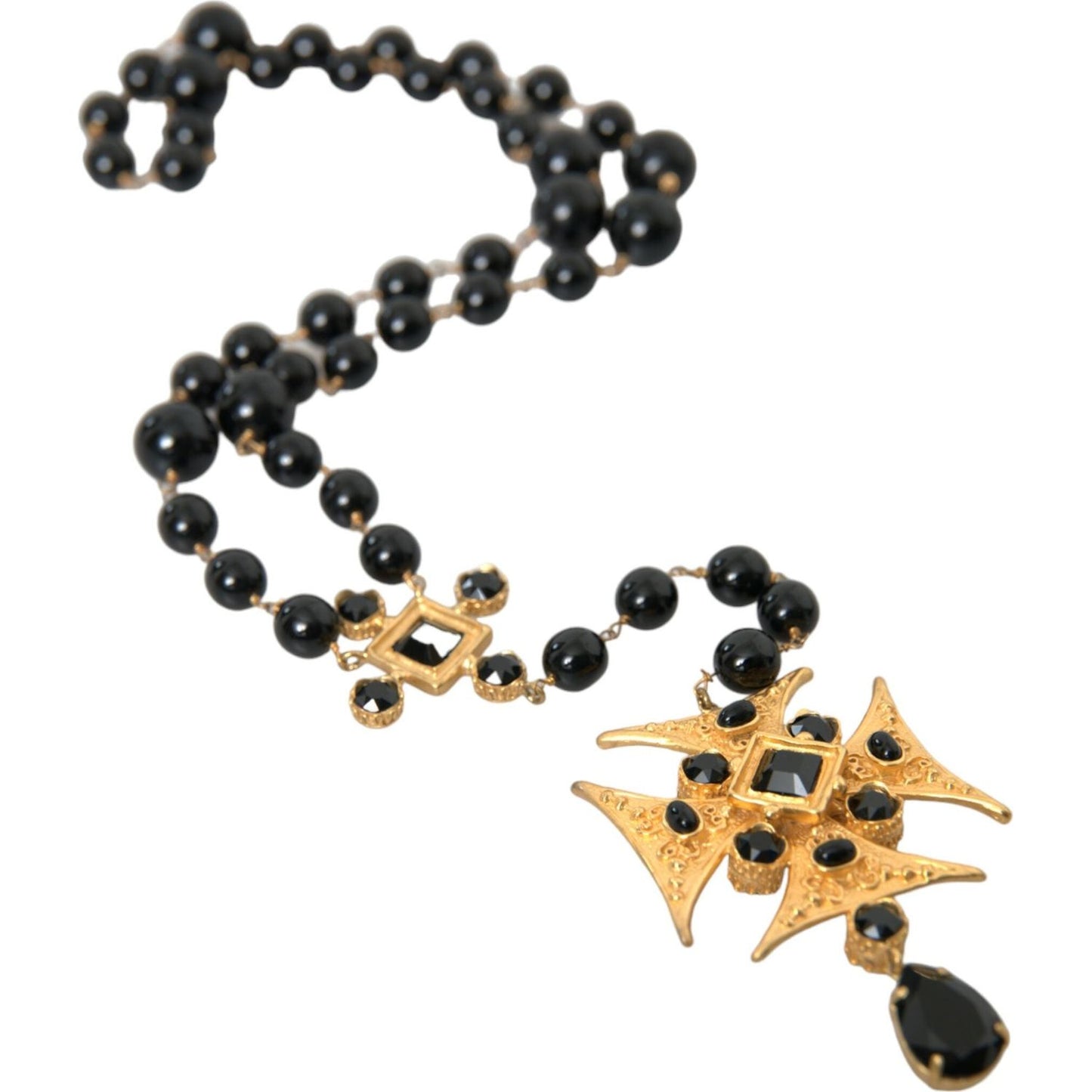 Dolce & Gabbana Gold Tone Brass Cross Black Beaded Chain Rosary Necklace Dolce & Gabbana