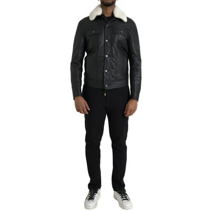Dolce & Gabbana Black Leather Fur Collar Biker Coat Jacket 1728,67345645728,Biker Jackets - Jackets & Coats - Clothing,Black,Clothing,Dolce & Gabbana,IT46 | S,Jackets & Coats - Clothing,Jackets - Men - Clothing,Leather Jackets - Jackets & Coats - Clothing