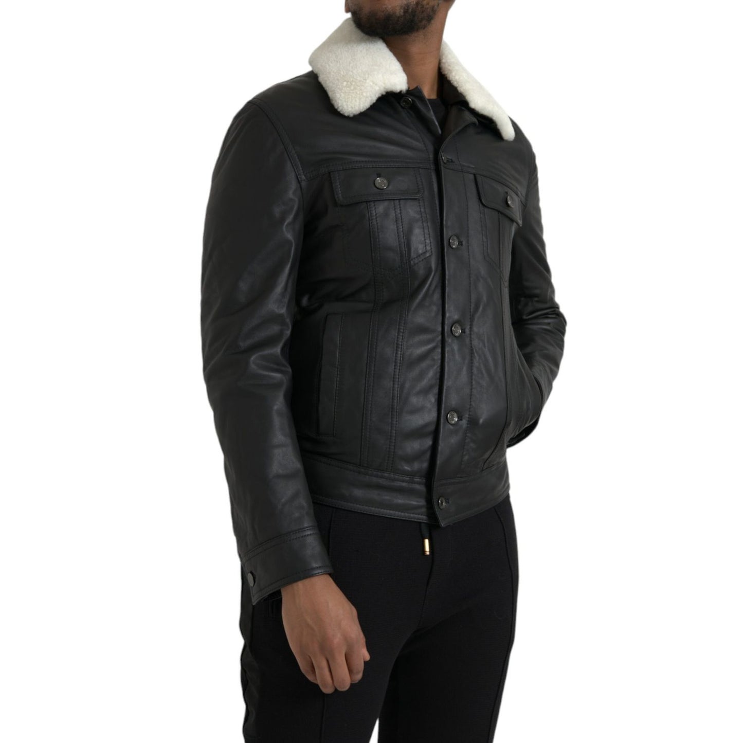 Dolce & Gabbana Black Leather Fur Collar Biker Coat Jacket 1728,67345645728,Biker Jackets - Jackets & Coats - Clothing,Black,Clothing,Dolce & Gabbana,IT46 | S,Jackets & Coats - Clothing,Jackets - Men - Clothing,Leather Jackets - Jackets & Coats - Clothing