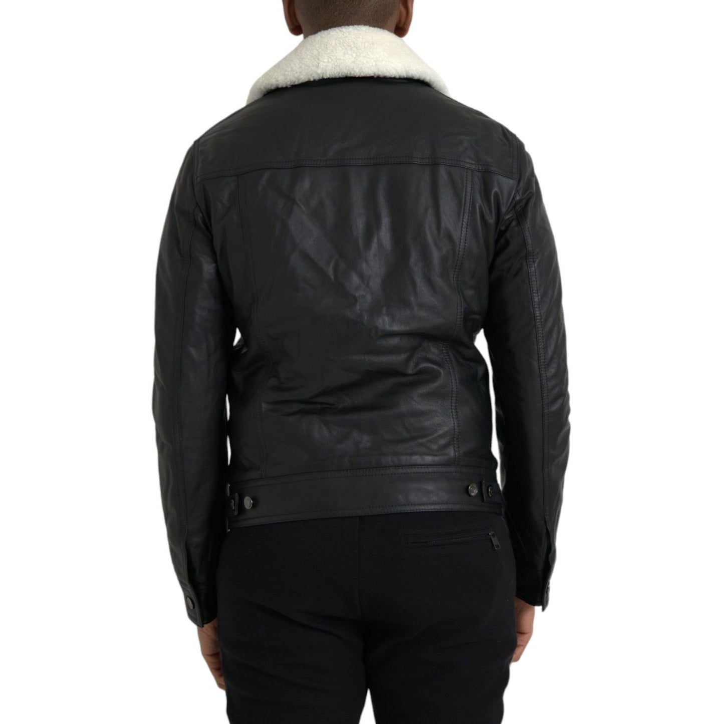 Dolce & Gabbana Black Leather Fur Collar Biker Coat Jacket 1728,67345645728,Biker Jackets - Jackets & Coats - Clothing,Black,Clothing,Dolce & Gabbana,IT46 | S,Jackets & Coats - Clothing,Jackets - Men - Clothing,Leather Jackets - Jackets & Coats - Clothing