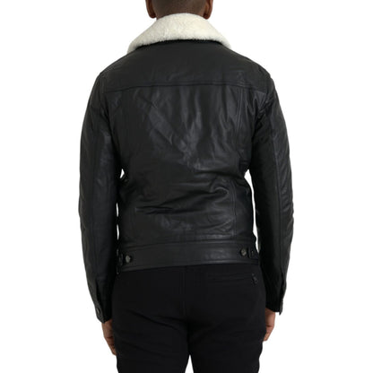 Dolce & Gabbana Black Leather Fur Collar Biker Coat Jacket 1728,67345645728,Biker Jackets - Jackets & Coats - Clothing,Black,Clothing,Dolce & Gabbana,IT46 | S,Jackets & Coats - Clothing,Jackets - Men - Clothing,Leather Jackets - Jackets & Coats - Clothing