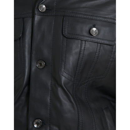 Dolce & Gabbana Black Leather Fur Collar Biker Coat Jacket 1728,67345645728,Biker Jackets - Jackets & Coats - Clothing,Black,Clothing,Dolce & Gabbana,IT46 | S,Jackets & Coats - Clothing,Jackets - Men - Clothing,Leather Jackets - Jackets & Coats - Clothing
