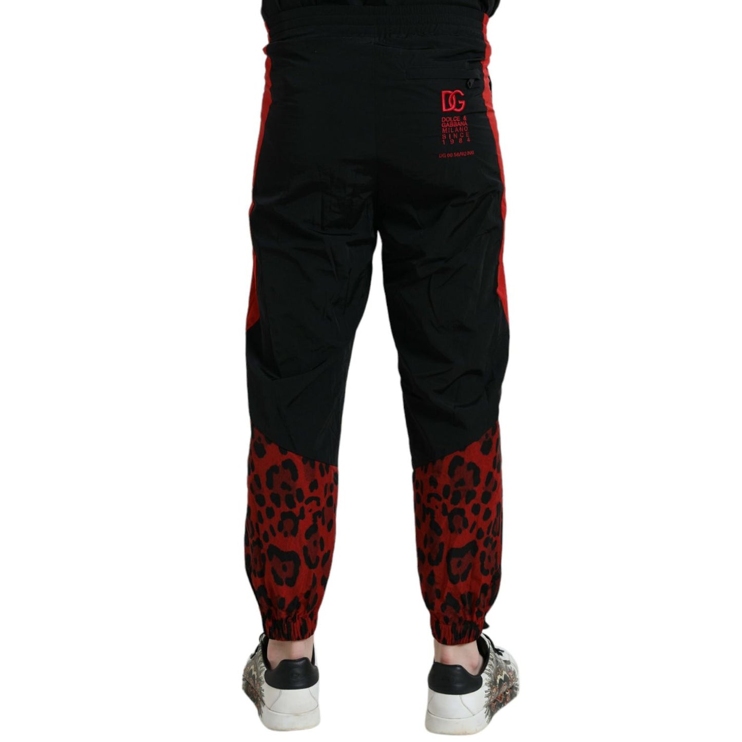 Dolce & Gabbana Black Red Leopard Print Nylon Jogger Pants 1728,67345645728,Athletic Pants - Pants - Clothing,Black and Red,Clothing,Dolce & Gabbana,IT44 | XS,IT46 | S,IT48 | M,IT50 | L,IT52 | XL,IT54 | XL,IT56 | XXL,IT58 | XXL,Jeans & Pants - Men - Cloth