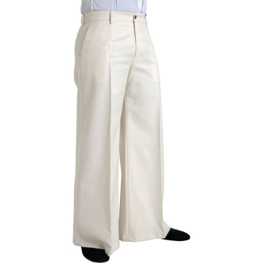 Dolce & Gabbana White Wool Wide Leg Mid Waist Pants Dolce & Gabbana