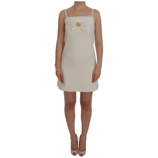 Dolce & Gabbana Elegant White Wool Shift Dress with Gold Brooch Dolce & Gabbana