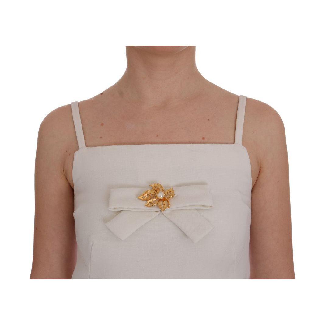 Dolce & Gabbana Elegant White Wool Shift Dress with Gold Brooch Dolce & Gabbana