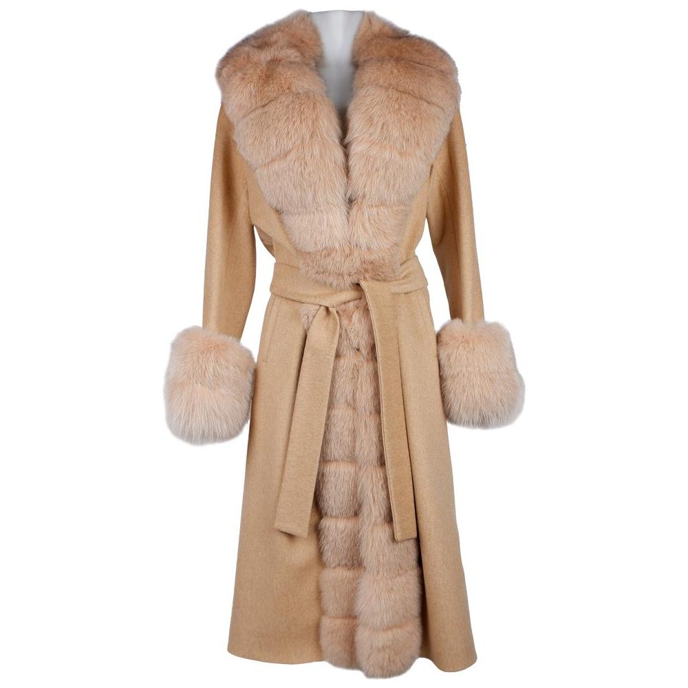 Made in Italy Elegant Beige Wool Coat with Fox Fur Trim Made in Italy