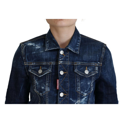 Dsquared² Blue Icon Printed Distressed Denim Jacket