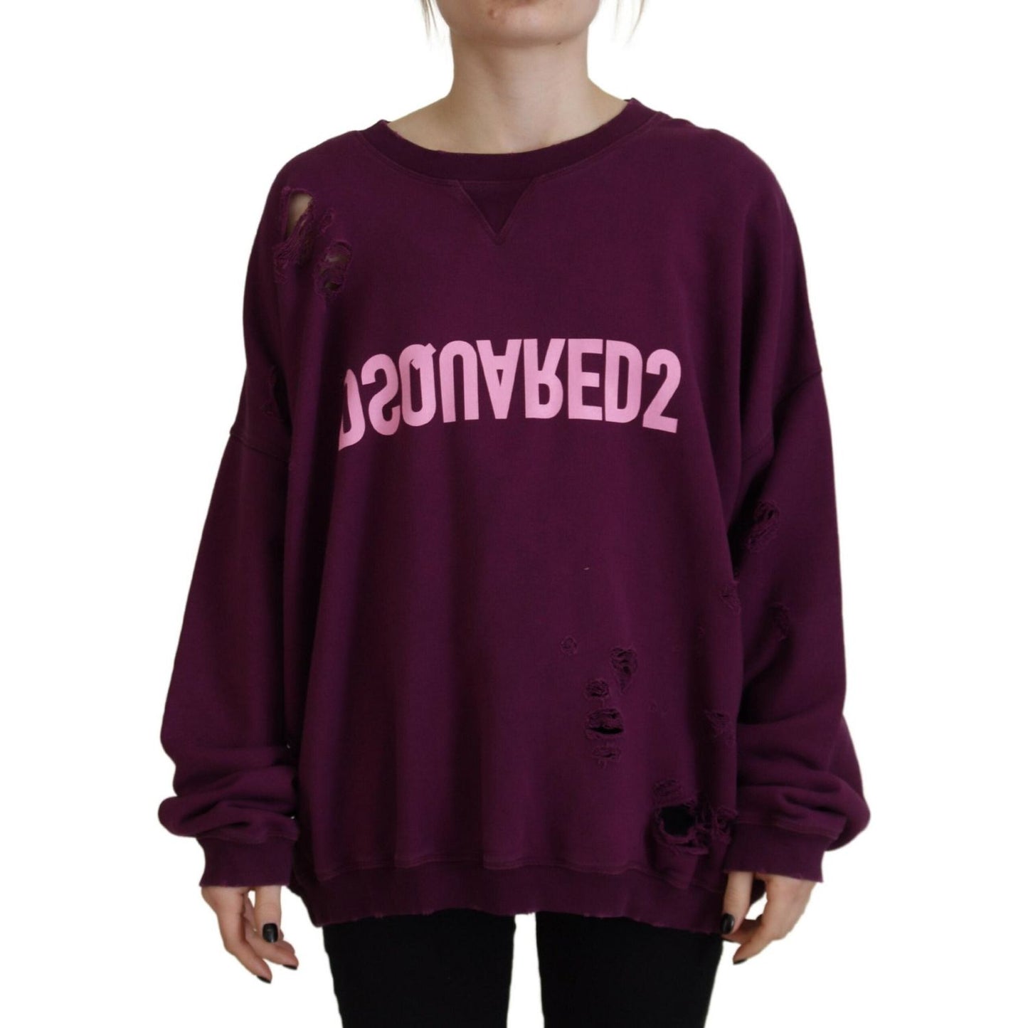 Dsquared² Purple Cotton Distressed Printed Long Sleeve Sweater Dsquared²