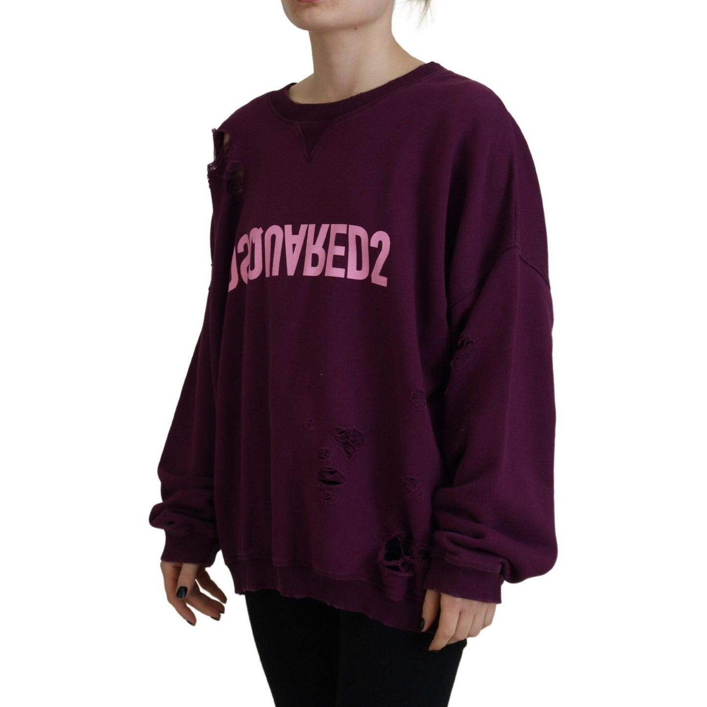 Dsquared² Purple Cotton Distressed Printed Long Sleeve Sweater Dsquared²