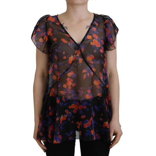 Dsquared² Black Floral Print Short Sleeves V-neck Blouse Top