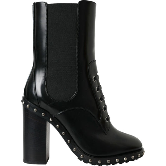 Dolce & Gabbana Black Leather Studded Lace Up Boots Shoes Dolce & Gabbana