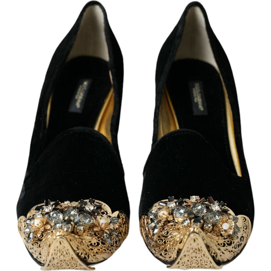 Dolce & Gabbana Black Velvet Embellished Heels Pumps Shoes Dolce & Gabbana