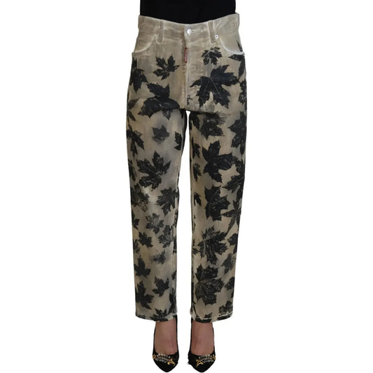 Dsquared² Beige Leaves Cotton High Waist Denim Jeans Boston 1728,67345645728,98% Cotton 2% Elastane,Beige,Clothing,Dsquared²,IT38 | XS,Jeans & Pants - Women - Clothing,Jeans Denim - Clothing,Preowned / Defect,Straight-Leg Jeans - Jeans Denim - Clothing,Wo