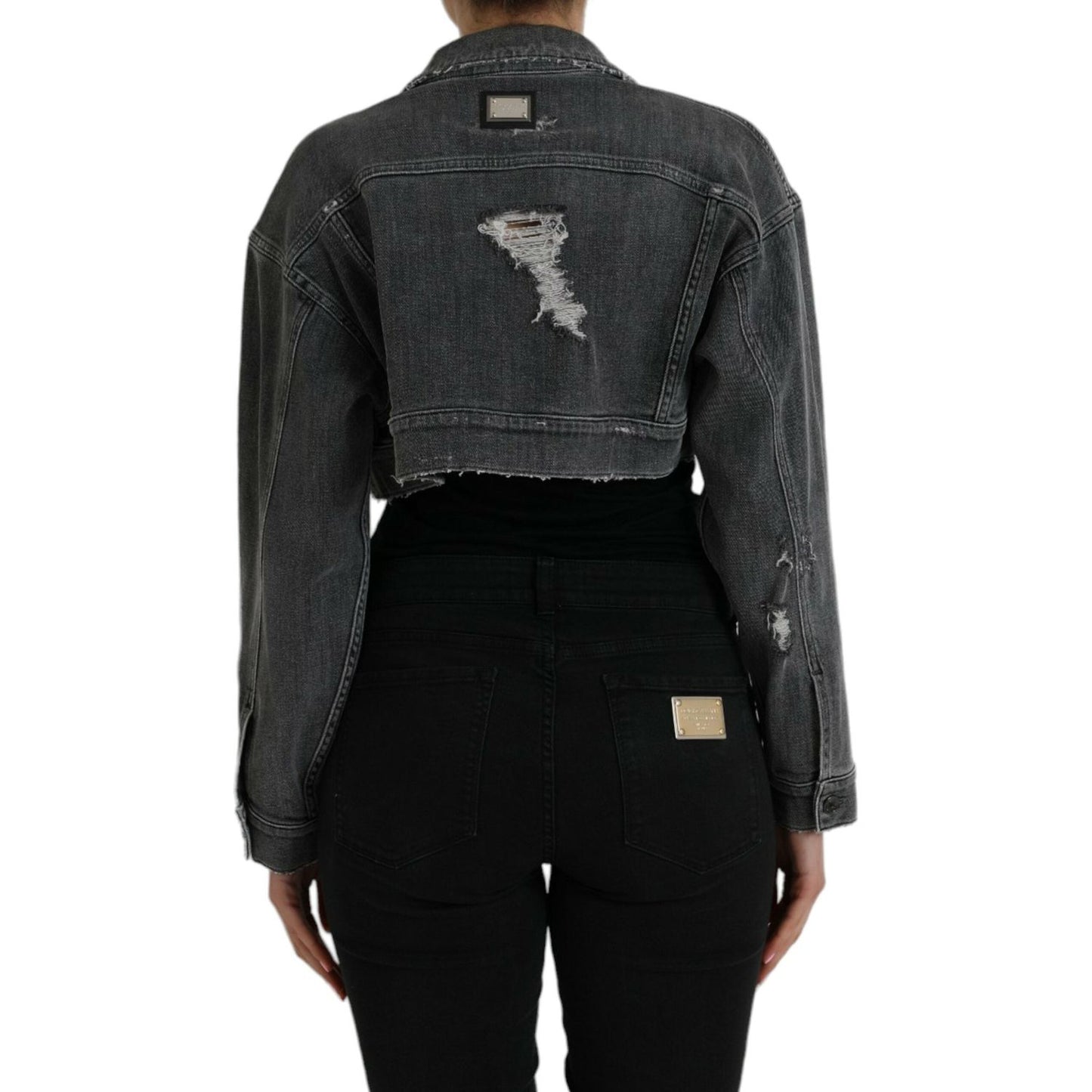 Dolce & Gabbana Dark Gray Cotton Stretch Cropped Denim Jacket Dolce & Gabbana