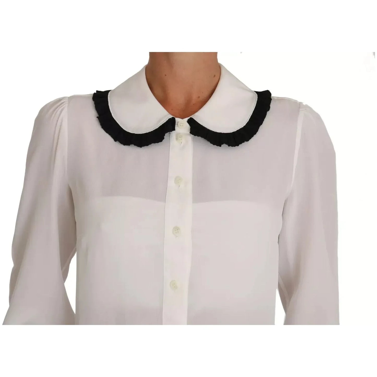 Dolce & Gabbana White Silk Shirt Ruffle Rouded Collar Blouse Dolce & Gabbana