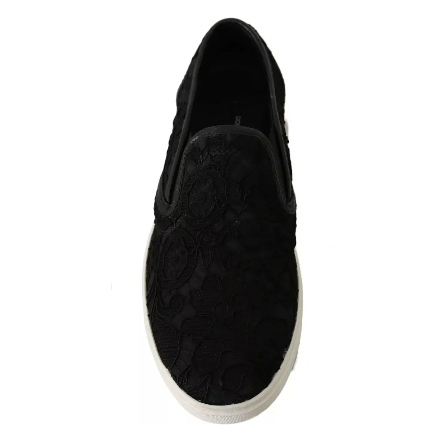 Dolce & Gabbana Black Lace Leather Logo Flat Slip-On Sneakers Dolce & Gabbana