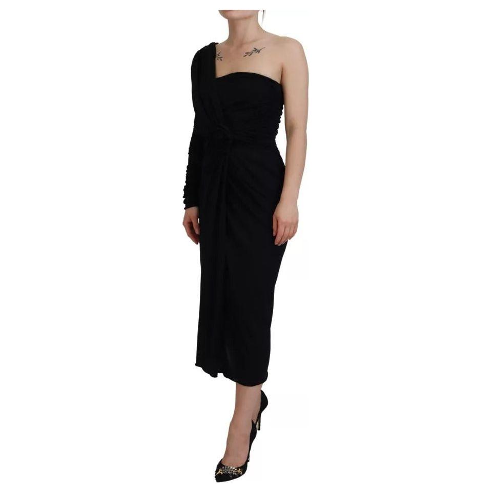 Dolce & Gabbana Black Wrap Sheath One Shoulder Wool Dress Dolce & Gabbana