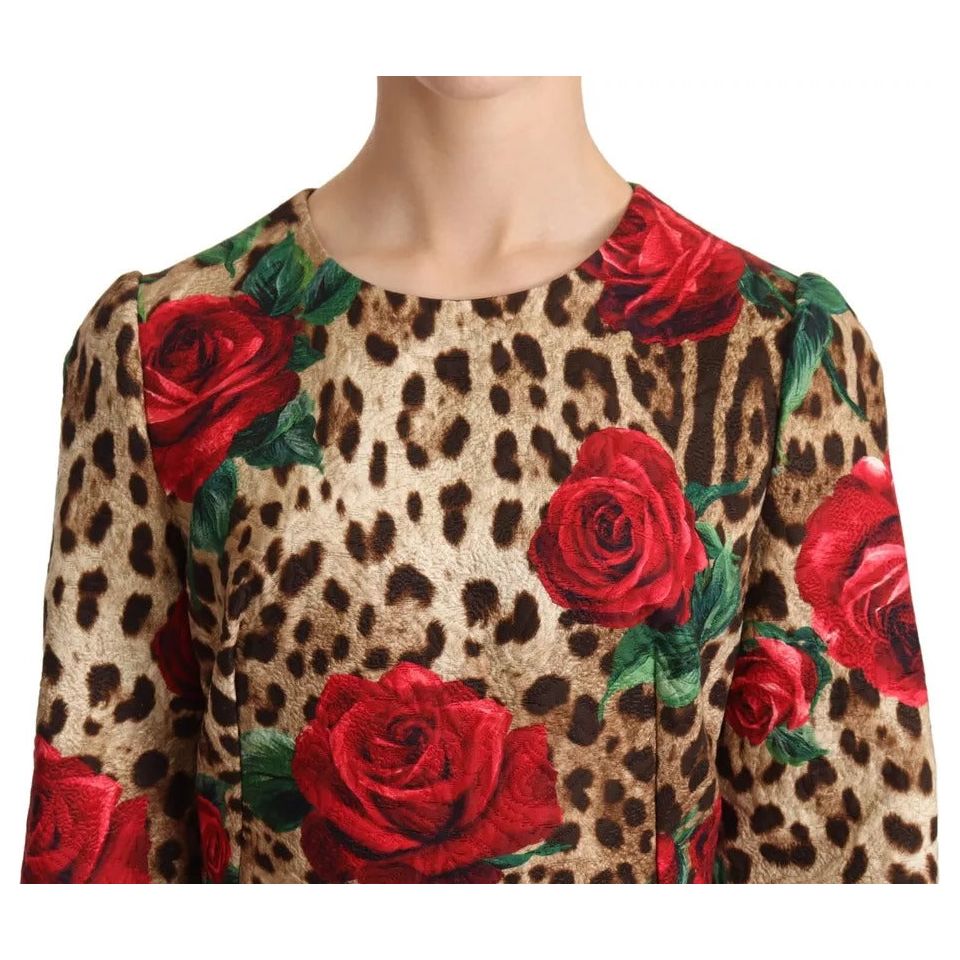 Dolce & Gabbana Brown Leopard Red Roses Cotton A-line Dress Dolce & Gabbana